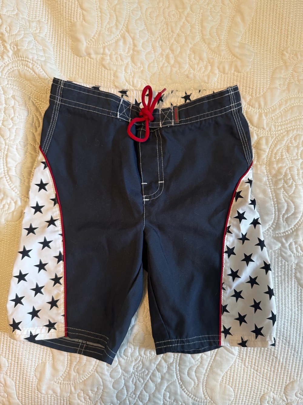 Early 2000s BOYS Old Navy Board Shorts with Star Side Panels and Red Drawcord